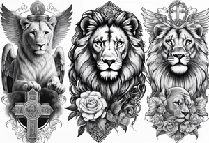 Full sleeve with Lion, cross, praying hands and angels. Incorporate the names Scarlett and Faith in the design tattoo idea