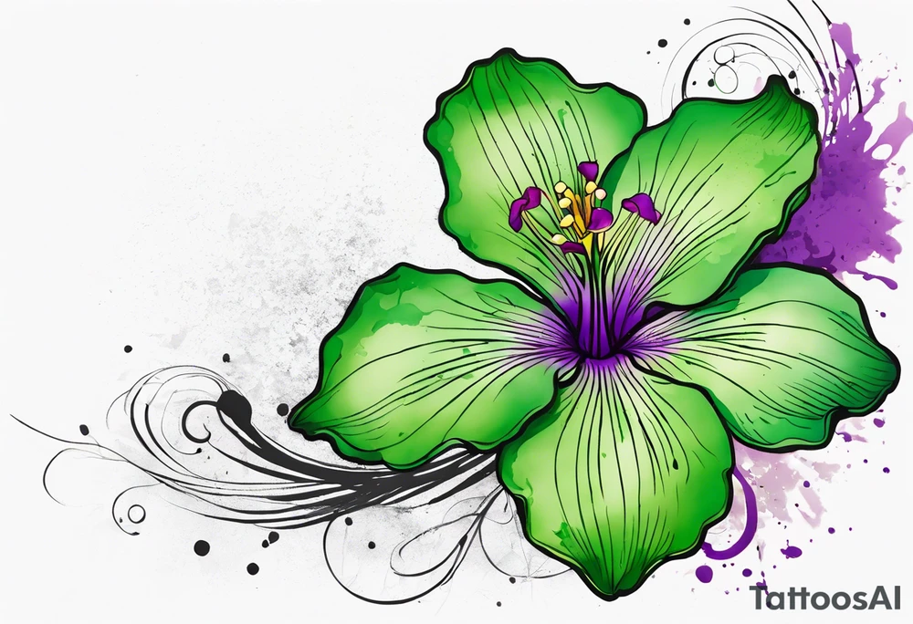 An outline of a green rio dipladenia flower and a green and purple watercolor splash in the background tattoo idea