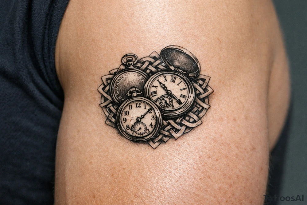 A cluster of large pocket watches, two open, one closed, with a Celtic knots surrounding. tattoo idea