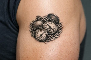 A cluster of large pocket watches, two open, one closed, with a Celtic knots surrounding. tattoo idea