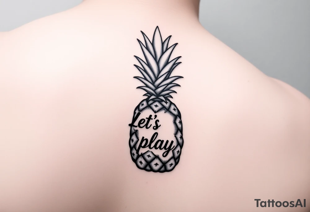 A black ink wrist tattoo featuring a realistic yet minimalistic pineapple. The pineapple is finely detailed with clean, precise lines, capturing the natural texture of the fruit while keeping the design subtle and uncluttered. Inside the body of the pineapple, the phrase "Let's play" is clearly placed in a bold but not overly thick font, ensuring readability while maintaining balance with the overall design. The leaves of the pineapple have a fine-line style with slight variations in thickness for a natural feel. The tattoo blends fine details with subtle bold elements, creating a clean and modern aesthetic. tattoo idea