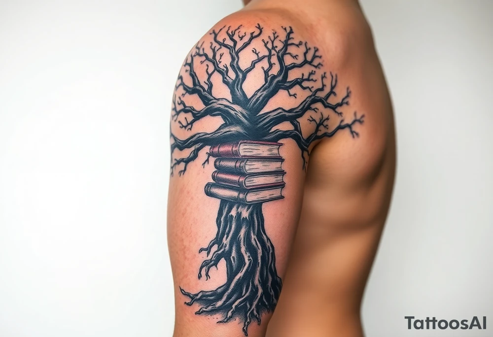 Dark 
tree of knowledge with books connected as roots stacked up and an open journal with beautiful cursive writing at tattoo idea