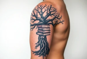 Dark 
tree of knowledge with books connected as roots stacked up and an open journal with beautiful cursive writing at tattoo idea