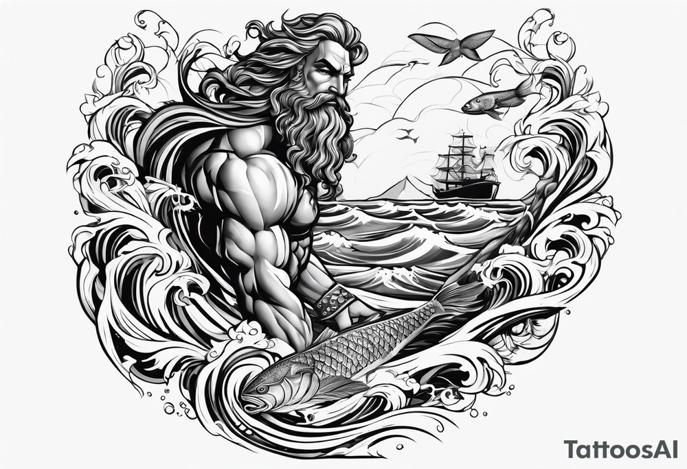 Poseidon with waves and fish tattoo idea