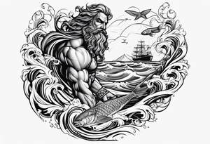 Poseidon with waves and fish tattoo idea