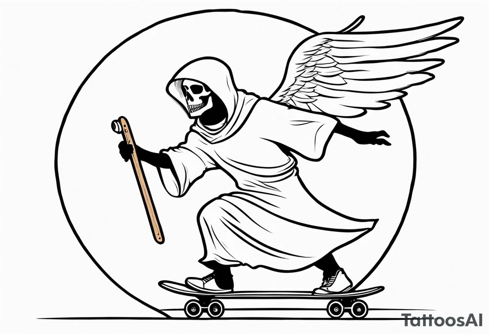 the grim reaper riding a skateboard with an angel halo above his head tattoo idea