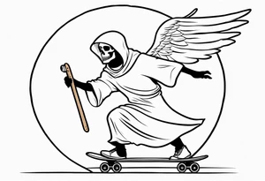 the grim reaper riding a skateboard with an angel halo above his head tattoo idea