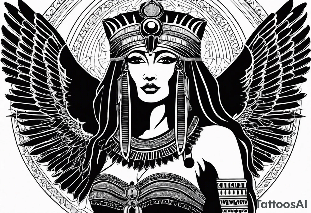 black and white Egyptian goddess Isis, who is often depicted as a woman with outstretched wings, holding an ankh (a symbol of life) in one hand and a lotus flower in the other. Her headdress often includes a throne or a solar disk. The tattoo design can vary in style and size, but it typically aims to capture the essence of this revered Egyptian deity, emphasizing her beauty, power, and maternal qualities. The choice of colors and additional elements can also be customized to create a unique and visually striking representation of the goddess Isis tattoo idea