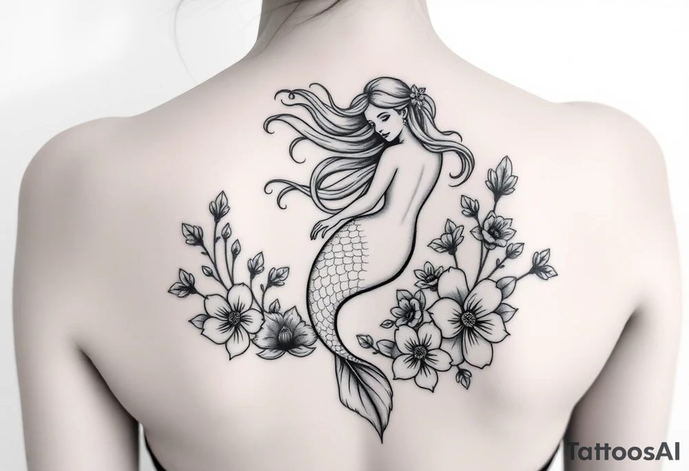 ethereal mermaid with flowing hair among coral and sea flowers tattoo idea