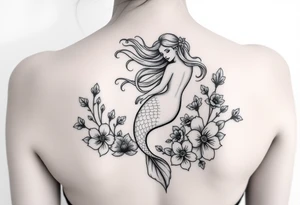 ethereal mermaid with flowing hair among coral and sea flowers tattoo idea