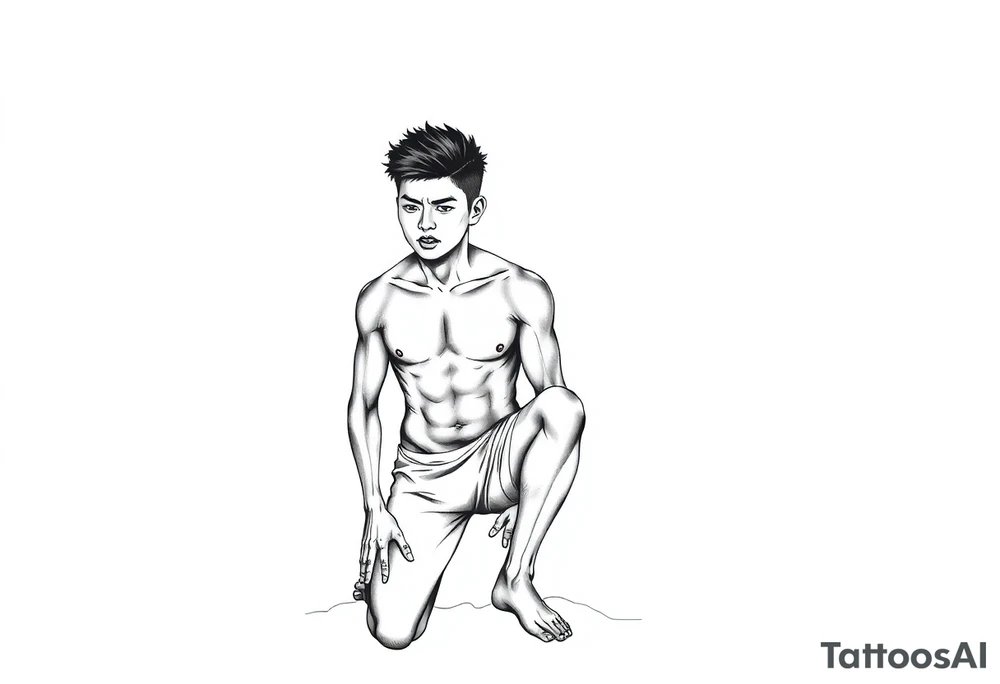 Handsome Asian young guy is standing on his knees upset tattoo idea