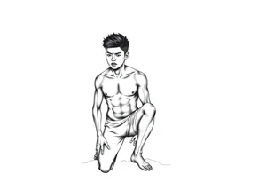 Handsome Asian young guy is standing on his knees upset tattoo idea