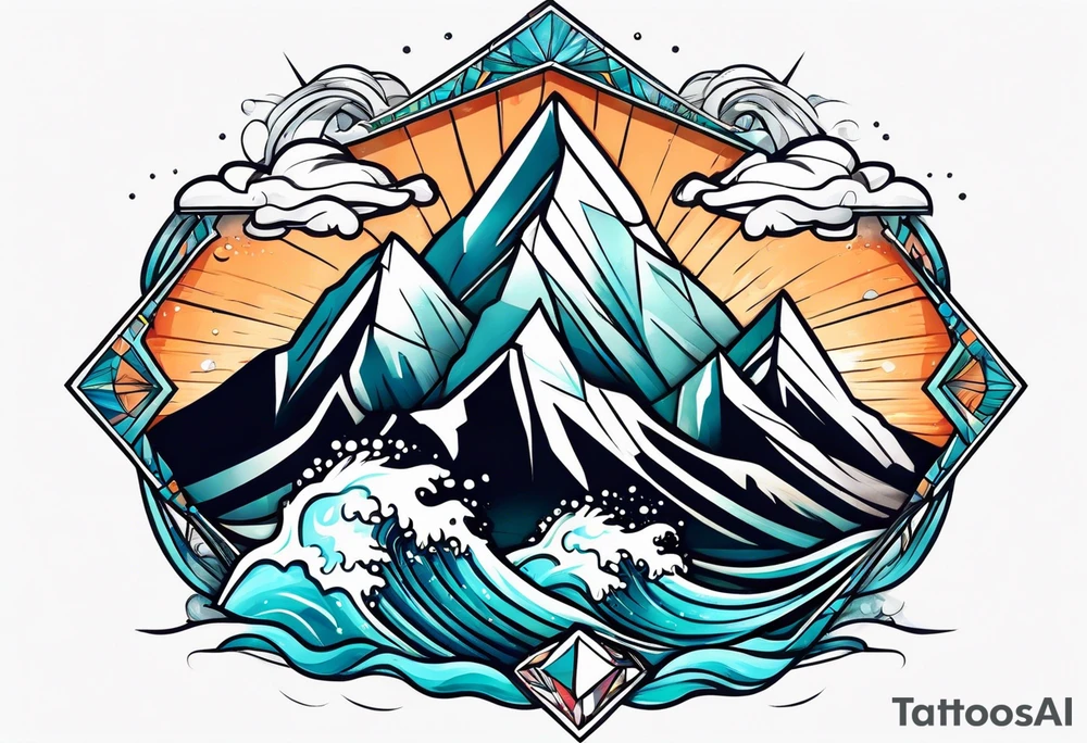 Mountains and big ocean waves  crashing diamond shape tattoo idea