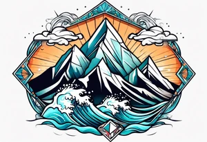 Mountains and big ocean waves  crashing diamond shape tattoo idea