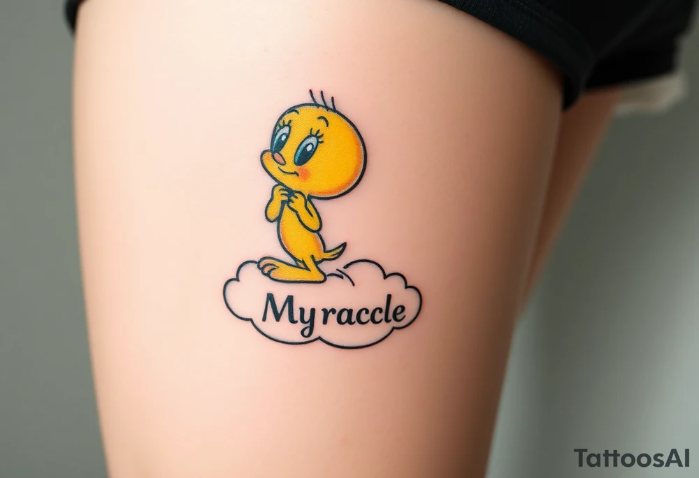 Tweety Bird on a cloud with his head in his hands looking up. Under the cloud in small capital letters is the name Myracle Blessing tattoo idea