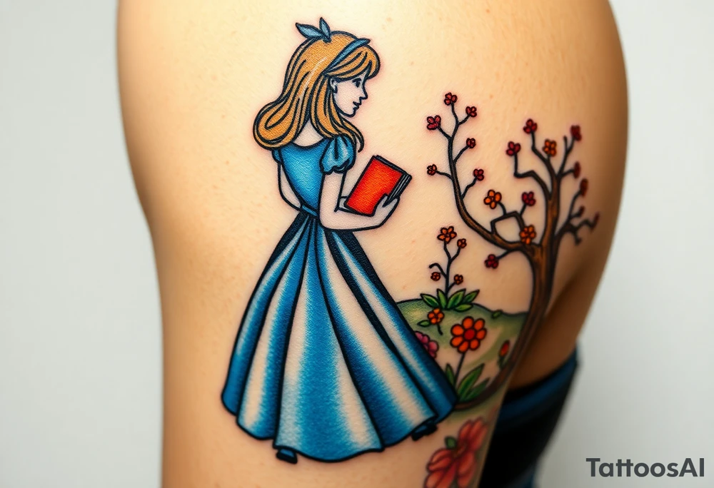 Alice (from Alice in wonderland) silhouette wearing a blue dress. Perspective from the back. She is caring a book, entering a garden with flowers and an orange tree tattoo idea