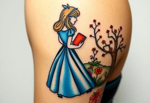 Alice (from Alice in wonderland) silhouette wearing a blue dress. Perspective from the back. She is caring a book, entering a garden with flowers and an orange tree tattoo idea