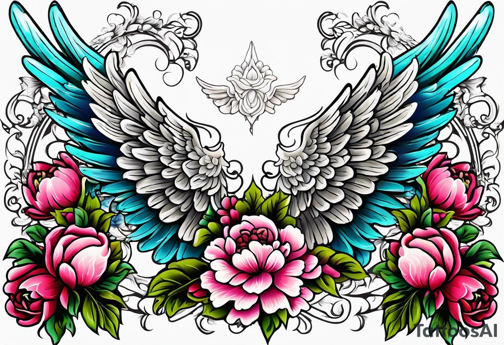 beautiful angel wings with colorful, peonies. beautiful flilligree in the background , full color, traditional old school , white background tattoo idea