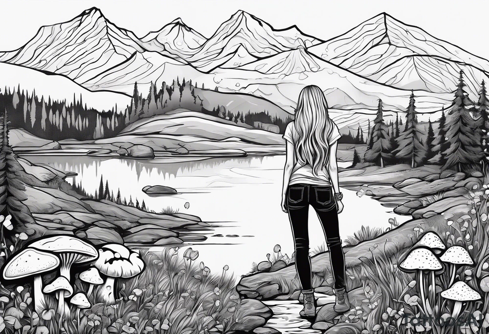 Straight long blonde hair hippie girl in distance holding mushrooms in hand facing away toward mountains and creek surrounded by mushrooms tee shirt and hiking pants tattoo idea