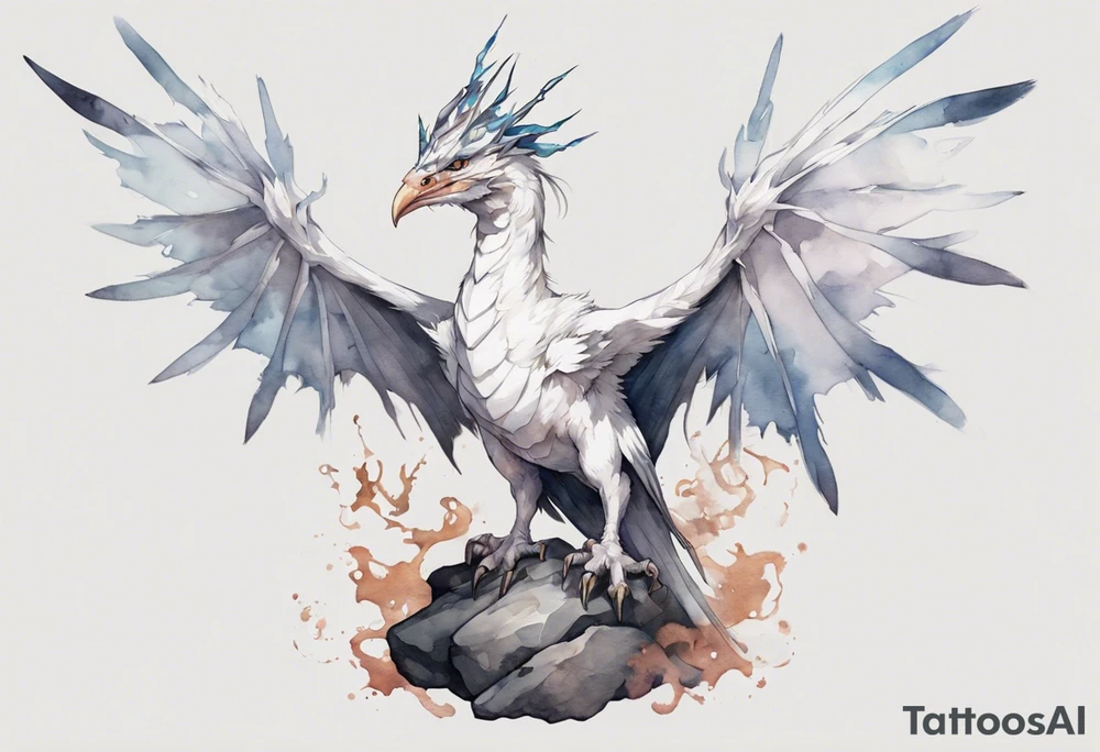 a white bird-wyvern hybrid, wearing a plain iron crown on head, perched on a stone tattoo idea