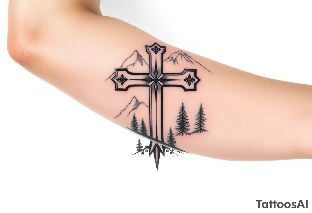 russian christian orthodox cross which is relatively small, with the diagonal line at the bottom with a light forrest with a light mountainous setting tattoo idea