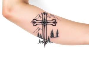 russian christian orthodox cross which is relatively small, with the diagonal line at the bottom with a light forrest with a light mountainous setting tattoo idea
