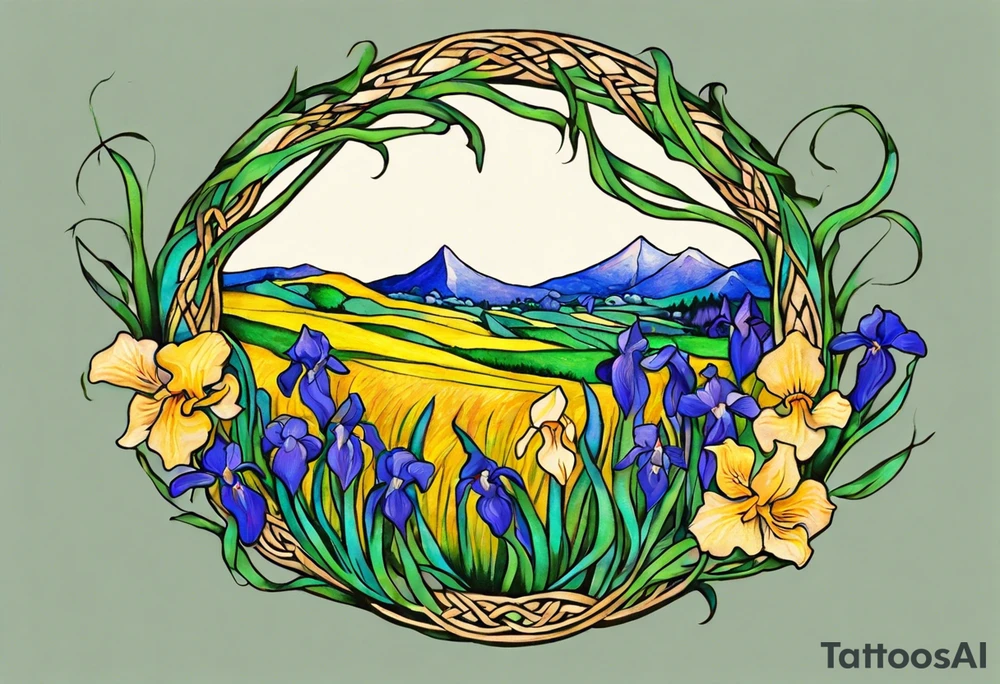 Create a small, colorful Vincent van Gogh Irises tattoo in the form of a crescent, with vines in Celtic knot style gracefully intertwining at a central point in the middle of the wreath. The intended placement is on the upper chest. The middle needs mountains. The overall design should be small in size while maintaining a delicate and artistic aesthetic. Pay attention to the graceful flow of the vines and the placement of the irises to achieve a refined and elegant look. tattoo idea