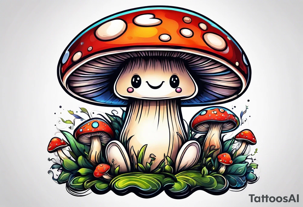 Happy anthropomorphic mushroom tattoo idea
