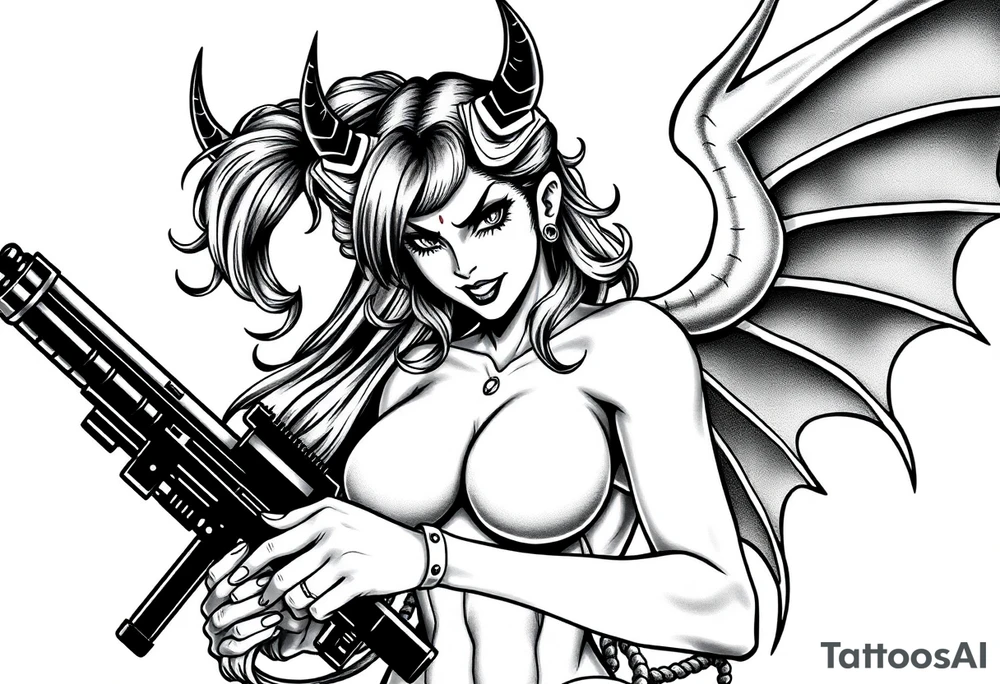 angry succubus holding gun, anime tattoo idea
