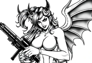 angry succubus holding gun, anime tattoo idea