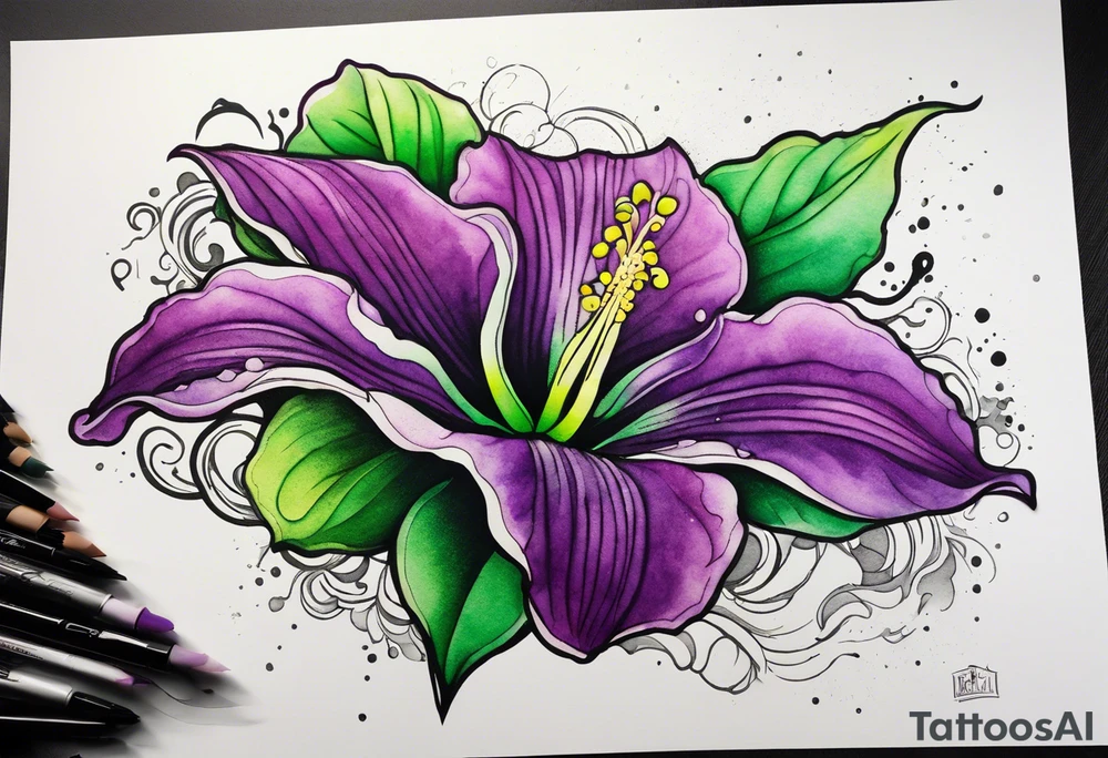 An outline of a green and purple rio dipladenia flower with a mystical green/purple watercolor splash in the background tattoo idea