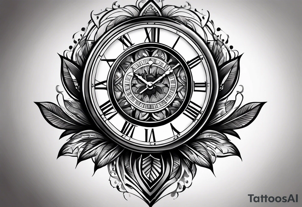 Dessine-moi un tattoo représentant une horloge intégrée à un sablier . En second plan on retrouve des chiffres romains. Le tatouage et noir et blanc et se porte sur l'épaule gauche tattoo idea