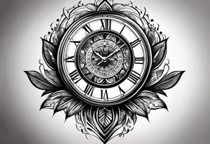 Dessine-moi un tattoo représentant une horloge intégrée à un sablier . En second plan on retrouve des chiffres romains. Le tatouage et noir et blanc et se porte sur l'épaule gauche tattoo idea