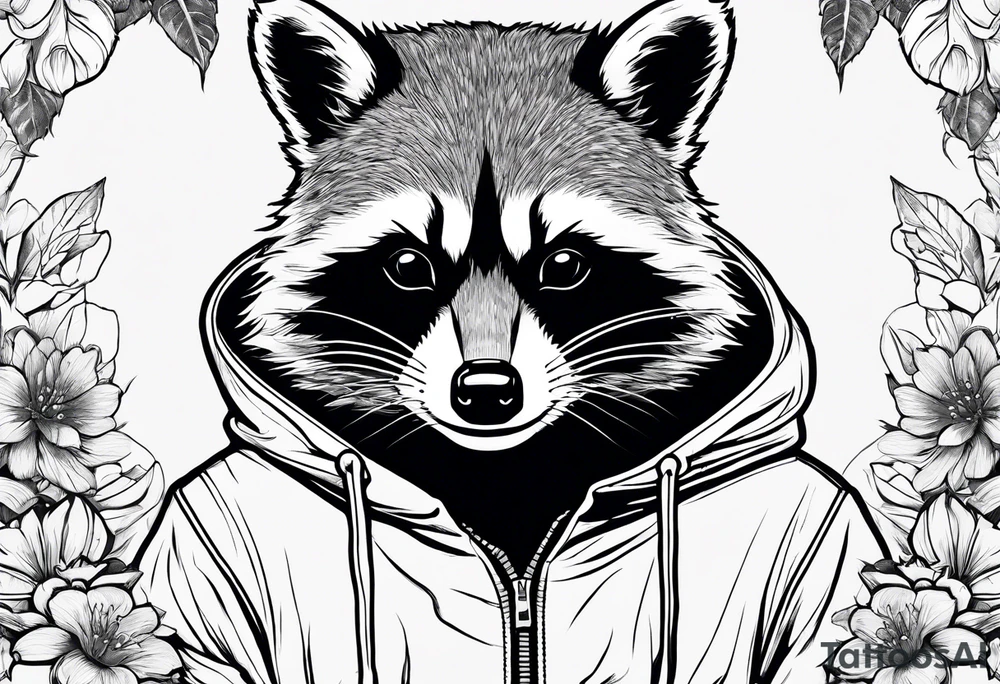 raccoon wearing a Superman hoodie with orange blossoms tattoo idea