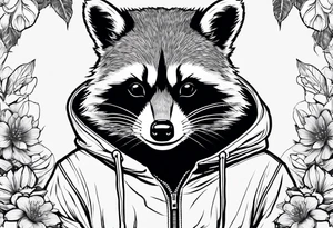 raccoon wearing a Superman hoodie with orange blossoms tattoo idea