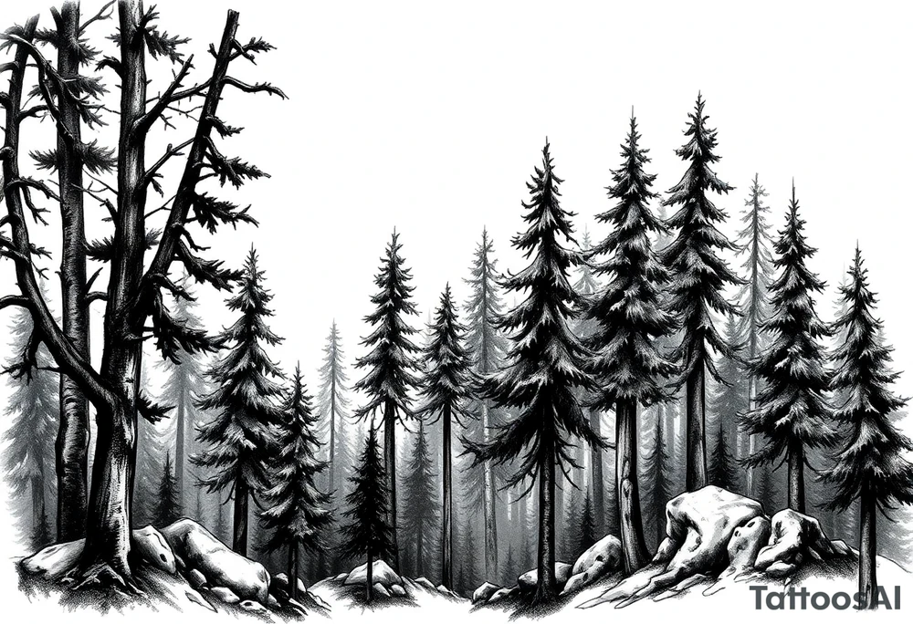 Needle forest with black and gray trees tattoo idea