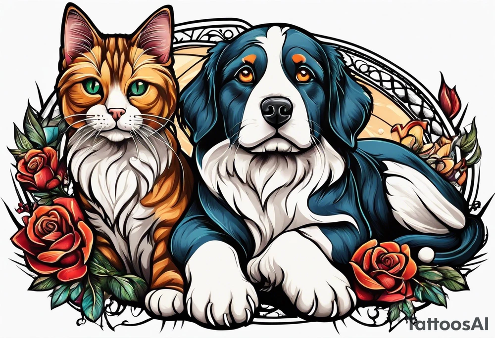 A cat and dog that love each other but are fighting tattoo idea