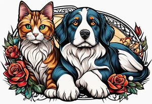A cat and dog that love each other but are fighting tattoo idea