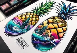 tattoo of animals in Amsterdam canal featuring colours of galaxies and the universe and pineapples and glass tattoo idea