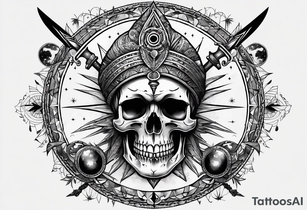 Simple Skull with third eye and dagger through it with the phases of the moon at the bottom tattoo idea