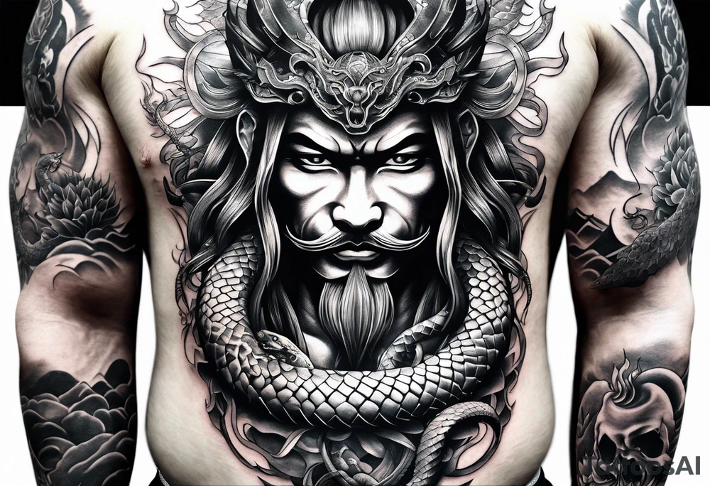 Japanese samurai -style tattoo with snake and demons tattoo idea Japanese samurai -style tattoo with snake and demons tattoo idea