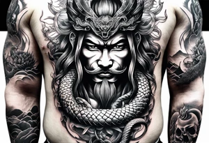 Japanese samurai -style tattoo with snake and demons tattoo idea