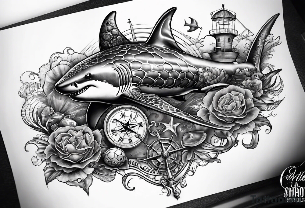 Nautical theme leg tattoo with shark, turtle, treasure map, compass, octopus, bell diver tattoo idea Nautical theme leg tattoo with shark, turtle, treasure map, compass, octopus, bell diver tattoo idea
