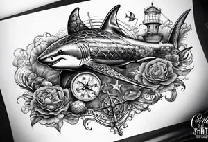 Nautical theme leg tattoo with shark, turtle, treasure map, compass, octopus, bell diver tattoo idea
