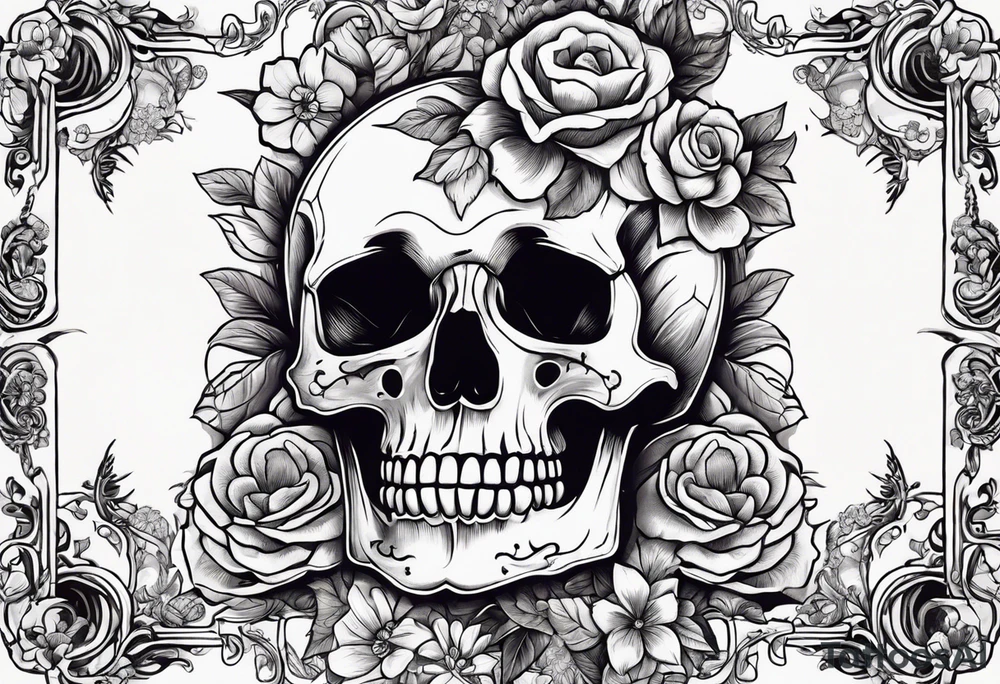 skeleton with body and flowers around it vintage tattoo idea
