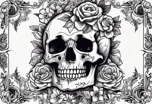 skeleton with body and flowers around it vintage tattoo idea