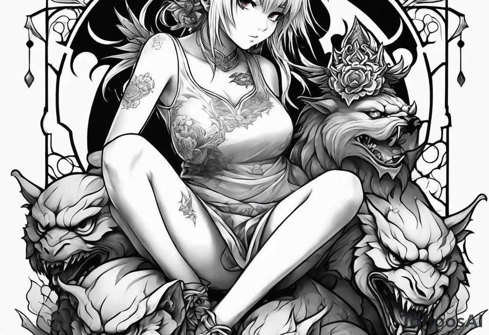 a bleeding anime girl sitting on a ball, and surrounded by an asian gargoyle tattoo idea