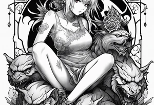 a bleeding anime girl sitting on a ball, and surrounded by an asian gargoyle tattoo idea