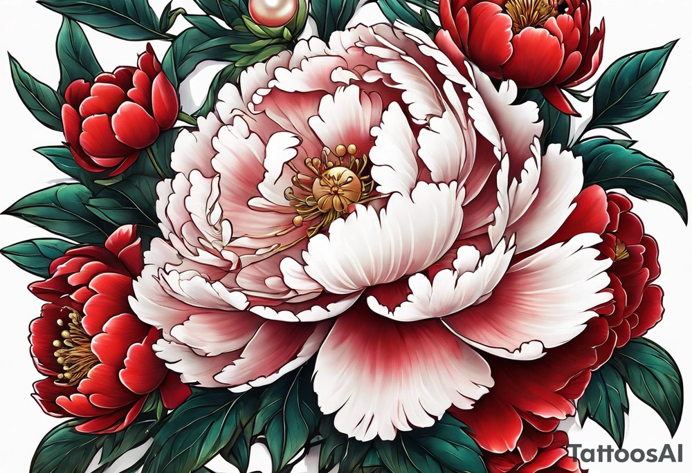 Red peony with a pearl necklace and a rabbit tattoo idea