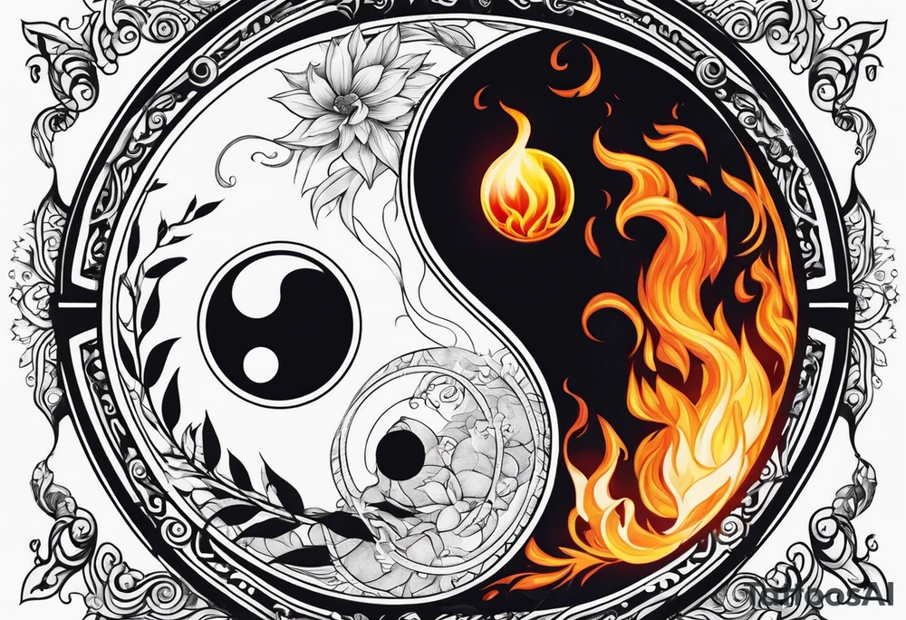 yin yang with fire and water and technology and nature tattoo idea